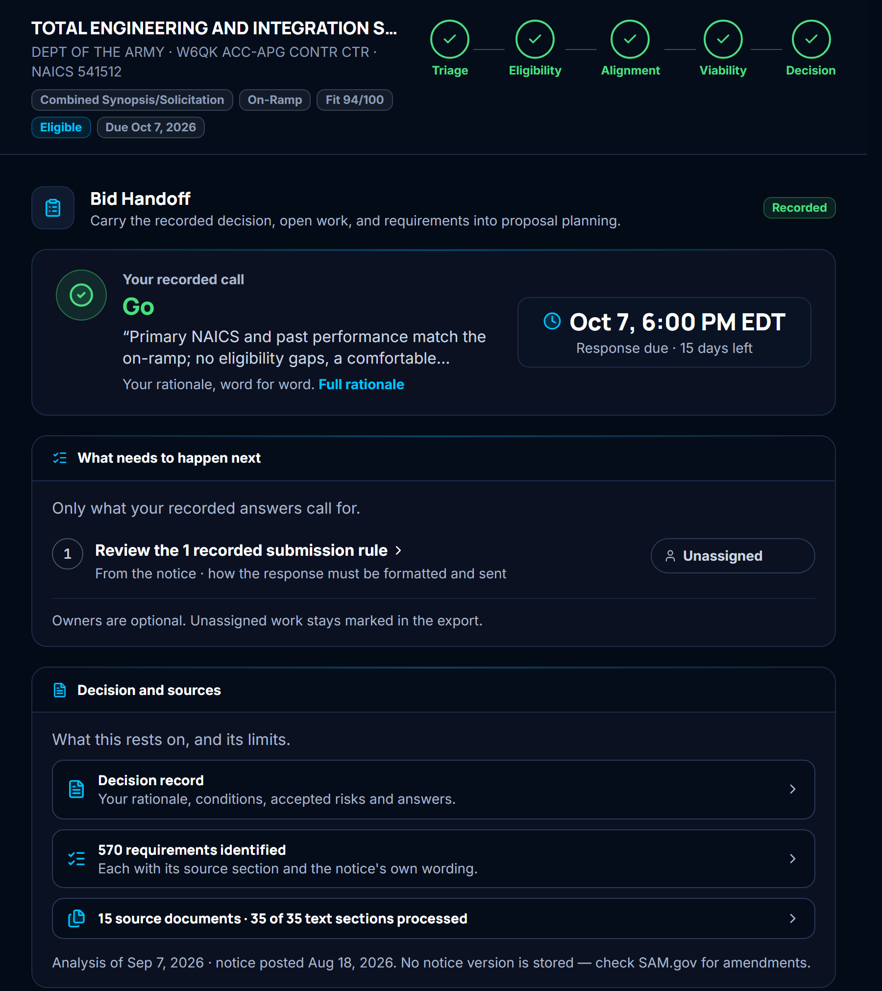 HE Pursuit Bid Handoff screen for an example pursuit: the recorded Go decision with its rationale and response deadline, what needs to happen next, and the decision record with its sources